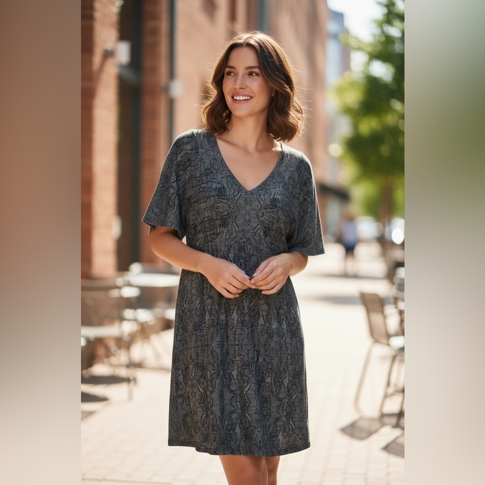 CAbi Black & Charcoal Style 4641 Patterned Midi Dress